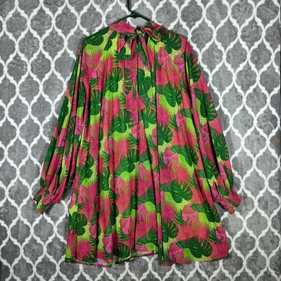 Palms Away Dress Womens Large Pink Green Tropical Palm Long Sleeve Resort - Picture 5 of 10